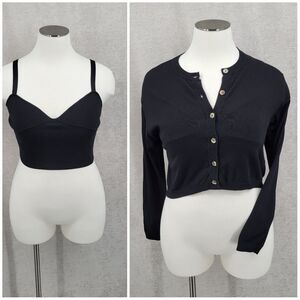 Gianni Bini Vanna Black Sweater Set Cardigan Knit Cropped Tank Women's XL